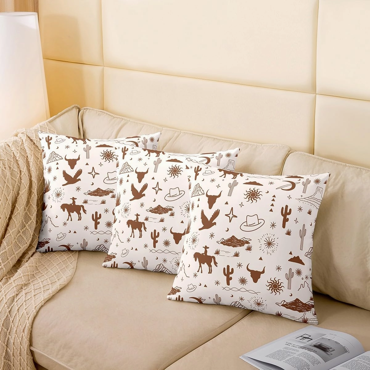 Vintage Western Pack of 4 Throw Pillow Covers 20x20 Inch Cowgirl Western Pillow Covers for Girls Women Retro Wild Horse Bull Skull Eagle Cushion Covers Cowboys Desert Brown Cushion Cases