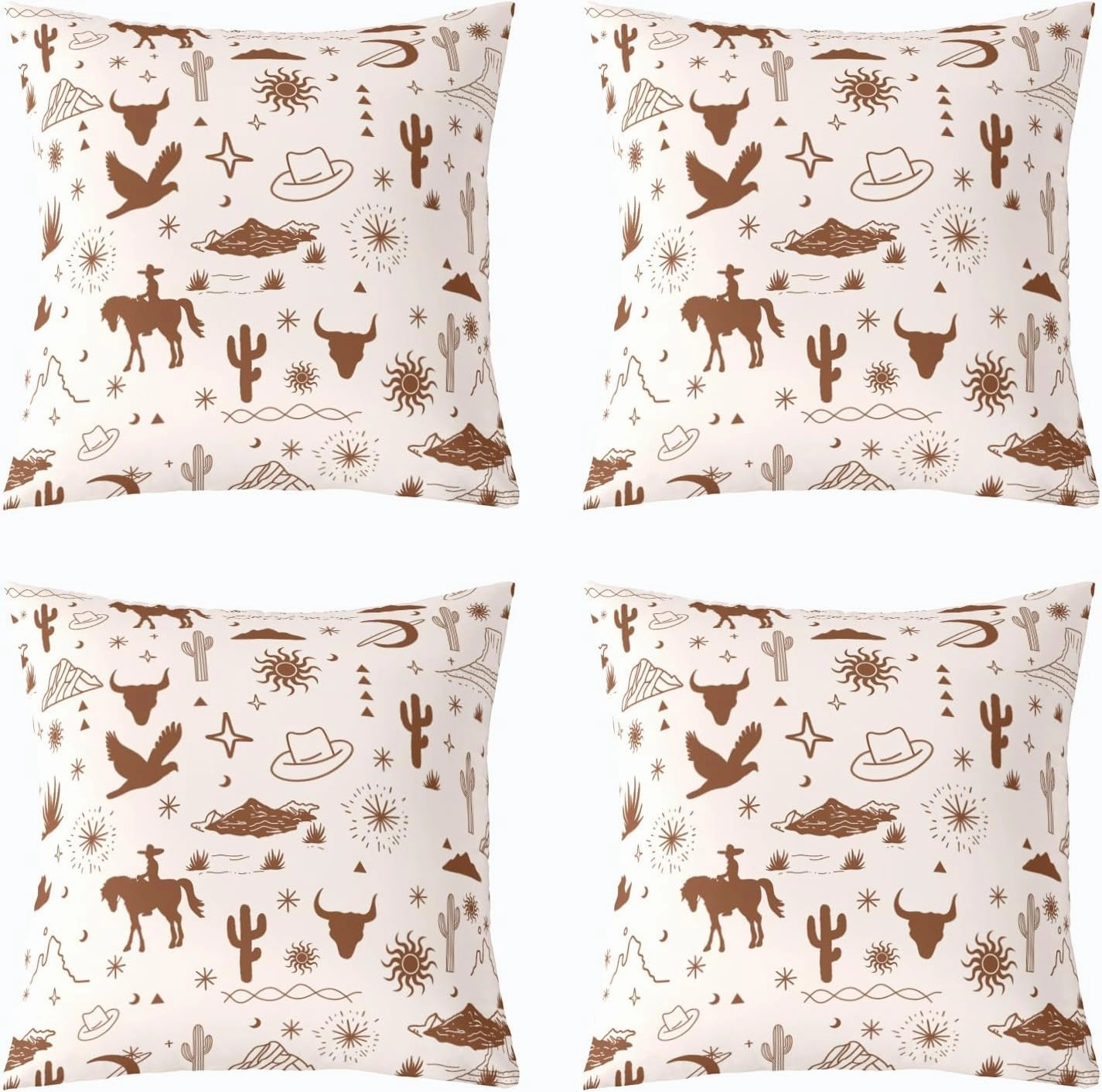 Vintage Western Pack of 4 Throw Pillow Covers 20x20 Inch Cowgirl Western Pillow Covers for Girls Women Retro Wild Horse Bull Skull Eagle Cushion Covers Cowboys Desert Brown Cushion Cases