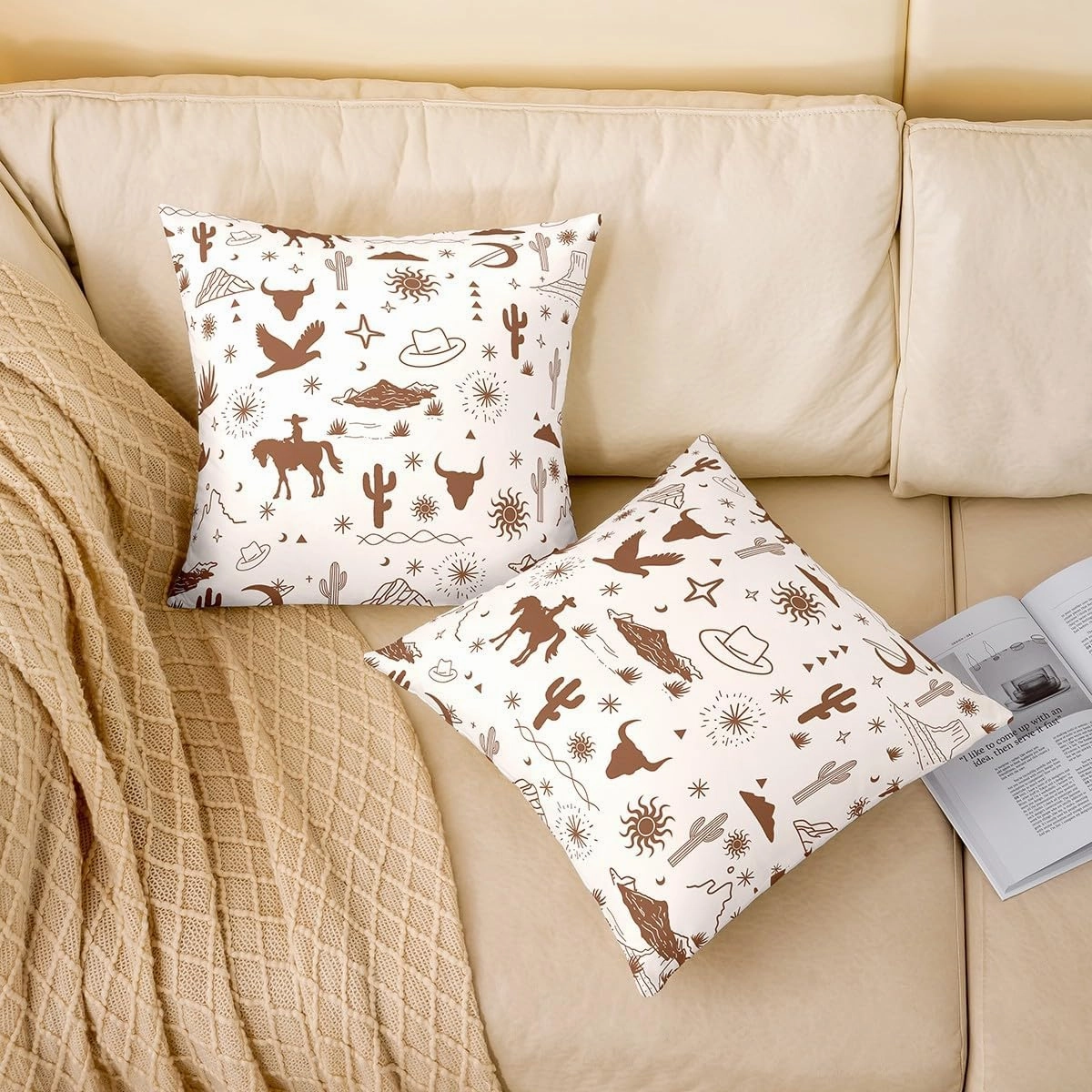 Vintage Western Pack of 4 Throw Pillow Covers 20x20 Inch Cowgirl Western Pillow Covers for Girls Women Retro Wild Horse Bull Skull Eagle Cushion Covers Cowboys Desert Brown Cushion Cases