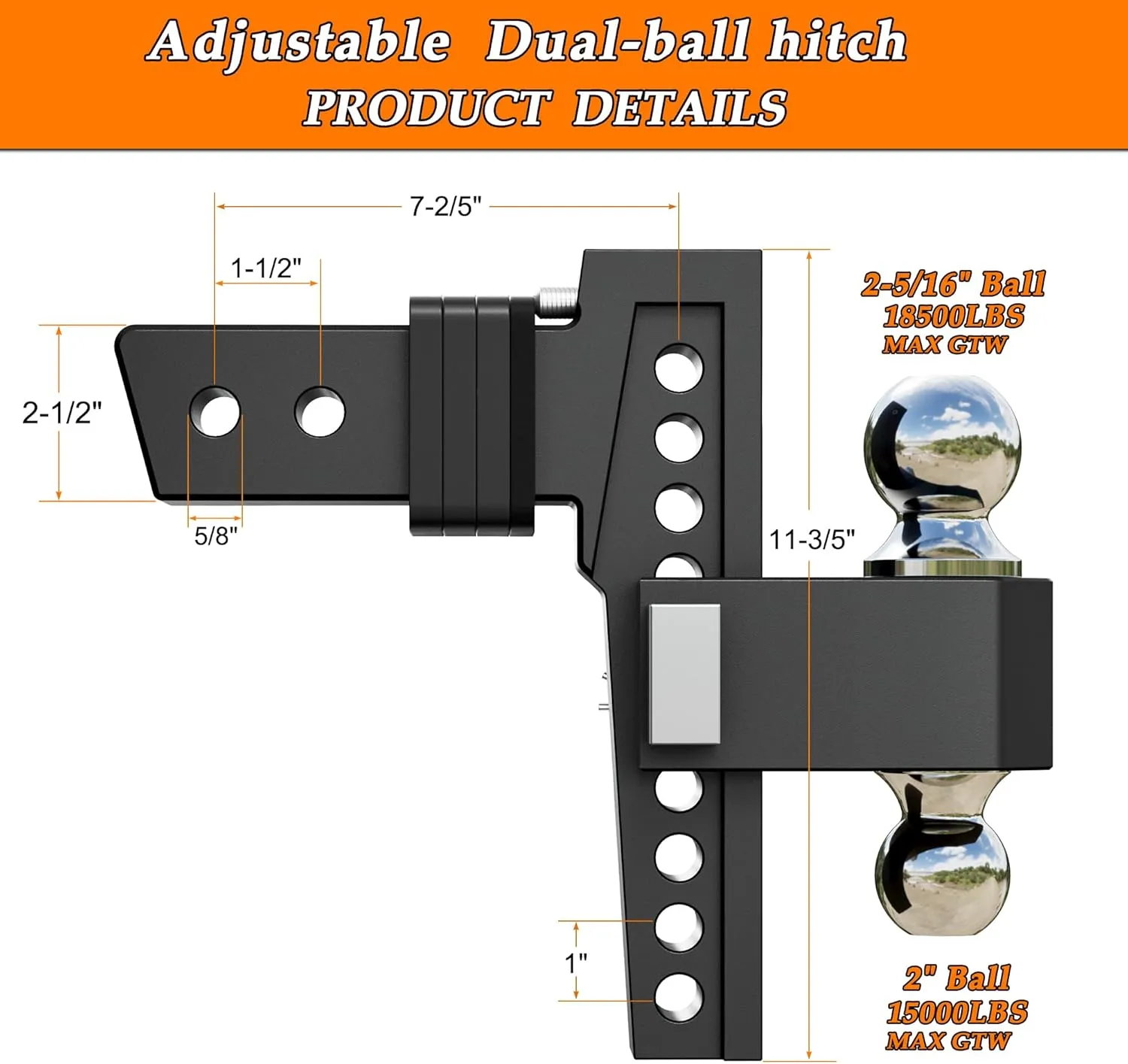 VNN Adjustable Drop Hitch, Dual-Ball(2'', 2-5/16'') Trailer Hitch, 8 Inch Drop Hitch, Fits 2.5 Receiver Hitch, 18,500 LBS GTW-Drop Hitch for Trucks, Heavy Duty Solid Ball Mount, Black, VN0007