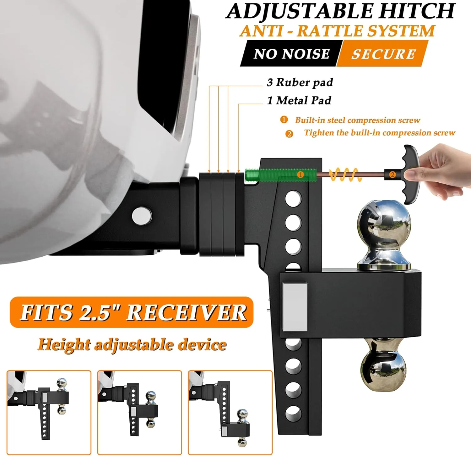 VNN Adjustable Drop Hitch, Dual-Ball(2'', 2-5/16'') Trailer Hitch, 8 Inch Drop Hitch, Fits 2.5 Receiver Hitch, 18,500 LBS GTW-Drop Hitch for Trucks, Heavy Duty Solid Ball Mount, Black, VN0007