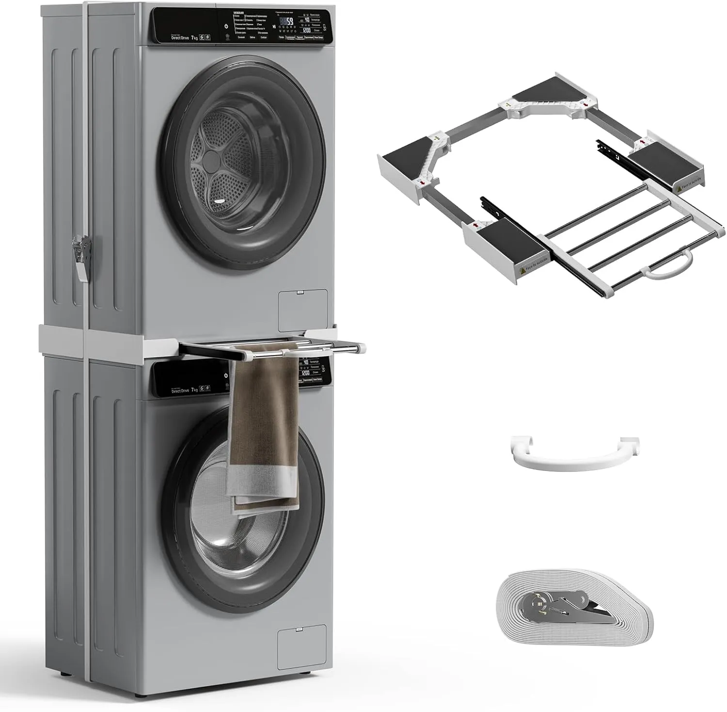 Washer Dryer Stacking Kit, Universal 29"/28"/27"/26"/25"/24"Washer and Dryer Stackable with Pull-out Drying Rack, Small Space Saving Solution Stacking Kit with Ratchet Strap