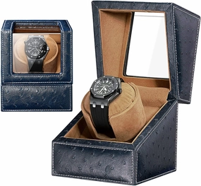 Watch Winder Luxury Automatic Single Watch Winder Box with Quiet Motor - Premium Solid Wood Piano Exterior and PU Leather Watch Pillows Battery Powered Or AC Adapter Watch Winder