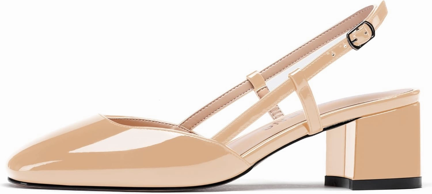 WAYDERNS Women's Ankle Strap Square Toe Block Patent Leather Slingback Chunky Low Heel Pumps Shoes 2 Inch
