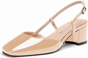WAYDERNS Women's Ankle Strap Square Toe Block Patent Leather Slingback Chunky Low Heel Pumps Shoes 2 Inch