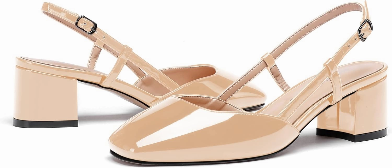 WAYDERNS Women's Ankle Strap Square Toe Block Patent Leather Slingback Chunky Low Heel Pumps Shoes 2 Inch