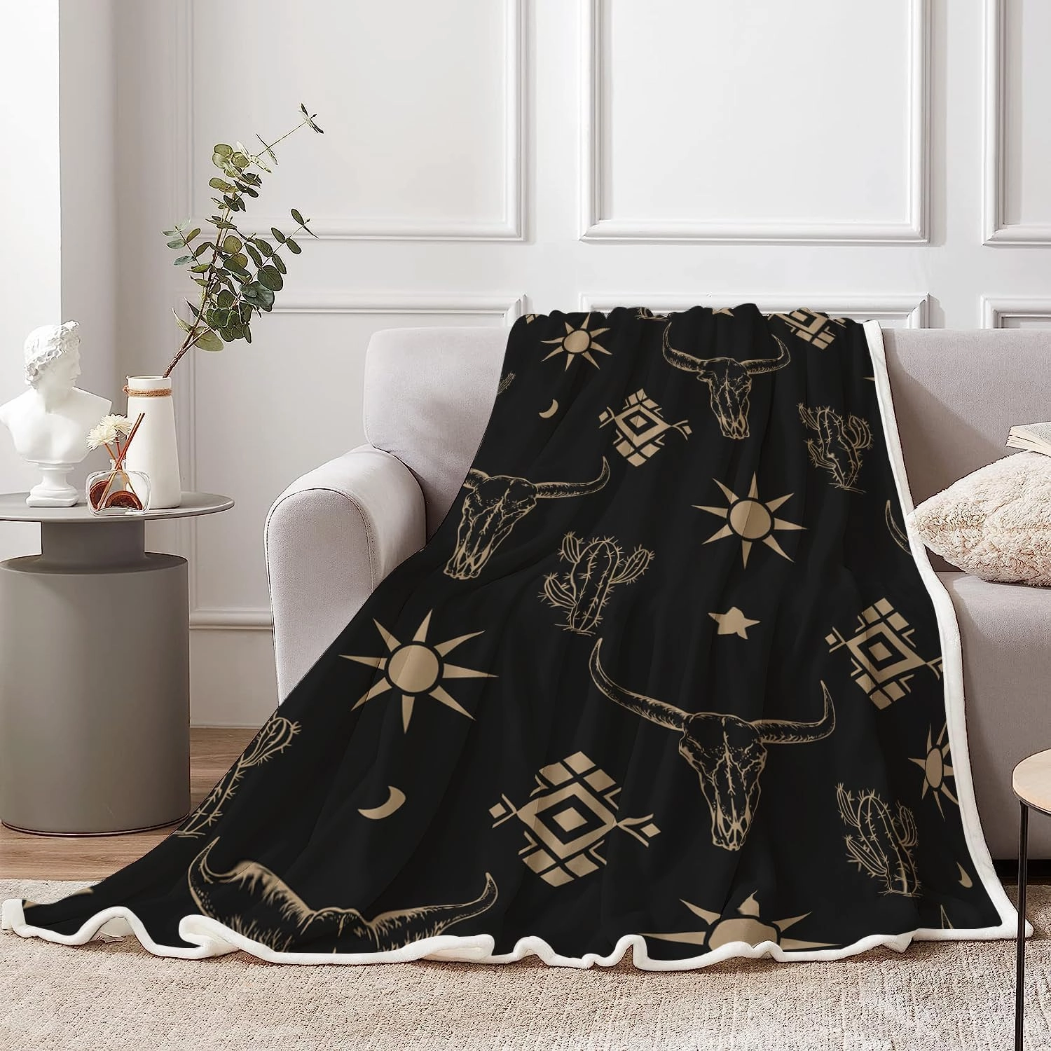 Western Throw Blanket, Black Gold Cow Skull Western Southwest West Soft Warm Blanket for Living Room Couch Bed Chair or Dorm, 50x60 inch