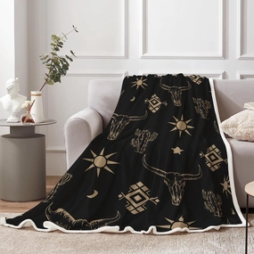 Western Throw Blanket, Black Gold Cow Skull Western Southwest West Soft Warm Blanket for Living Room Couch Bed Chair or Dorm, 50x60 inch