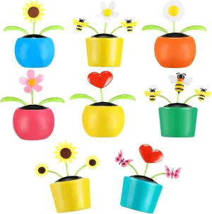 Wettarn 8 Pack Solar Dancing Flower Toys in Colorful Pots - Powered Sunflower With Butterfly, Bee, Swing Heart - Car Decoration for Window Dashboard Decor