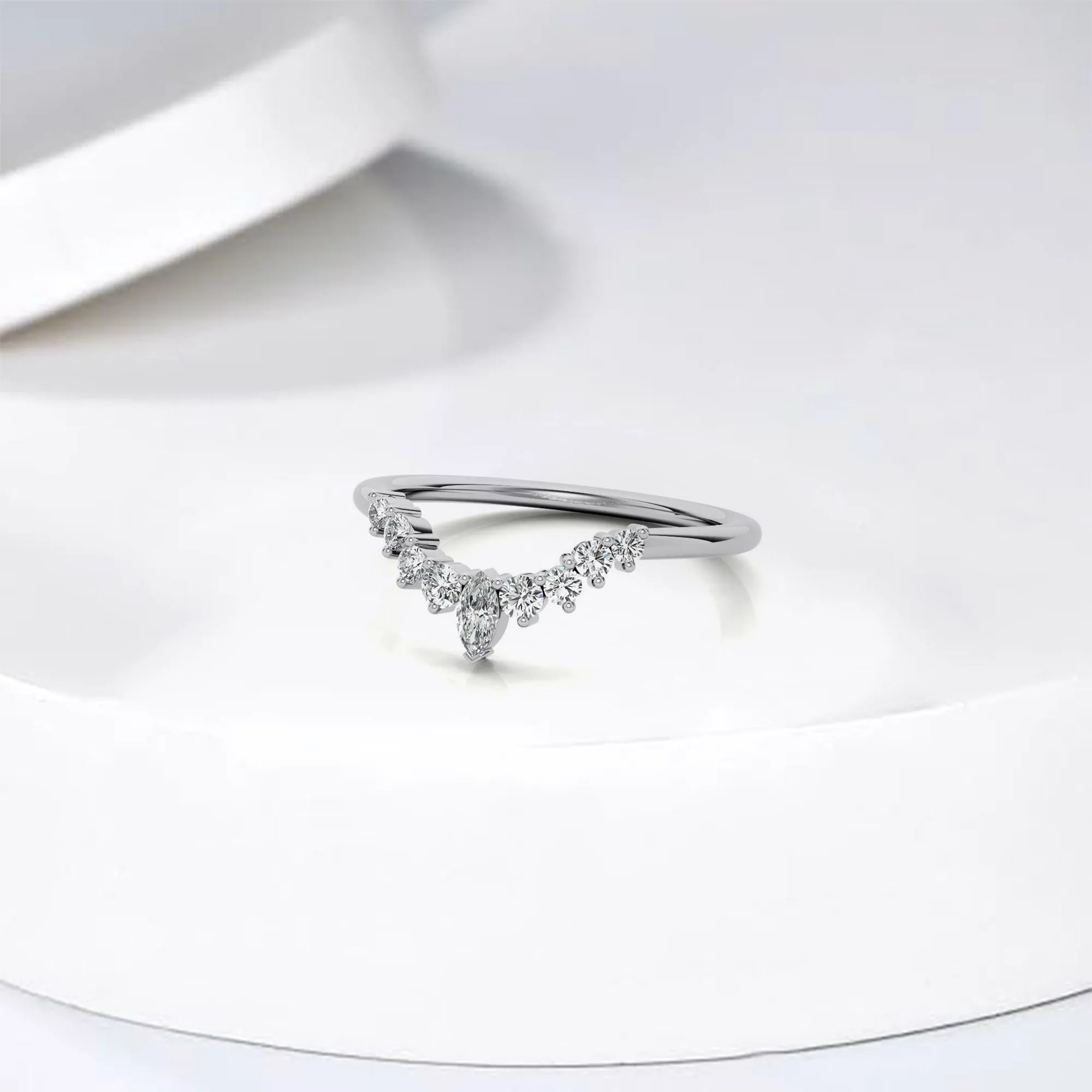 White Gold Silver Stacking Adjustable Marquise Chevron V-Contour Ring for Women