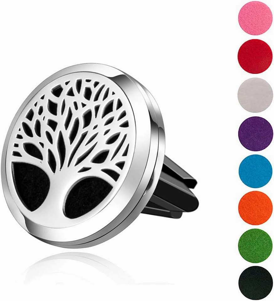 Wild Essentials Tree of Life Essential Oil Car Vent Diffuser, Stainless Steel Locket Pendant with 8 Color Refill Pads, Customizable Color Changing Air Freshener for Aromatherapy