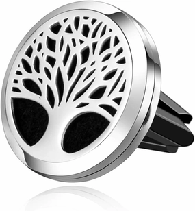 Wild Essentials Tree of Life Essential Oil Car Vent Diffuser, Stainless Steel Locket Pendant with 8 Color Refill Pads, Customizable Color Changing Air Freshener for Aromatherapy
