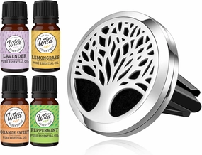 Wild Essentials Tree of Life Essential Oil Car Vent Diffuser, Stainless Steel Locket Pendant with 8 Color Refill Pads, Customizable Color Changing Air Freshener for Aromatherapy