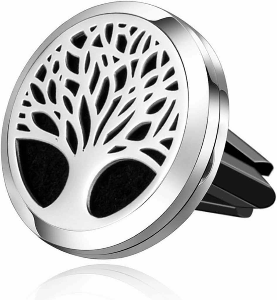 Wild Essentials Tree of Life Essential Oil Car Vent Diffuser, Stainless Steel Locket Pendant with 8 Color Refill Pads, Customizable Color Changing Air Freshener for Aromatherapy