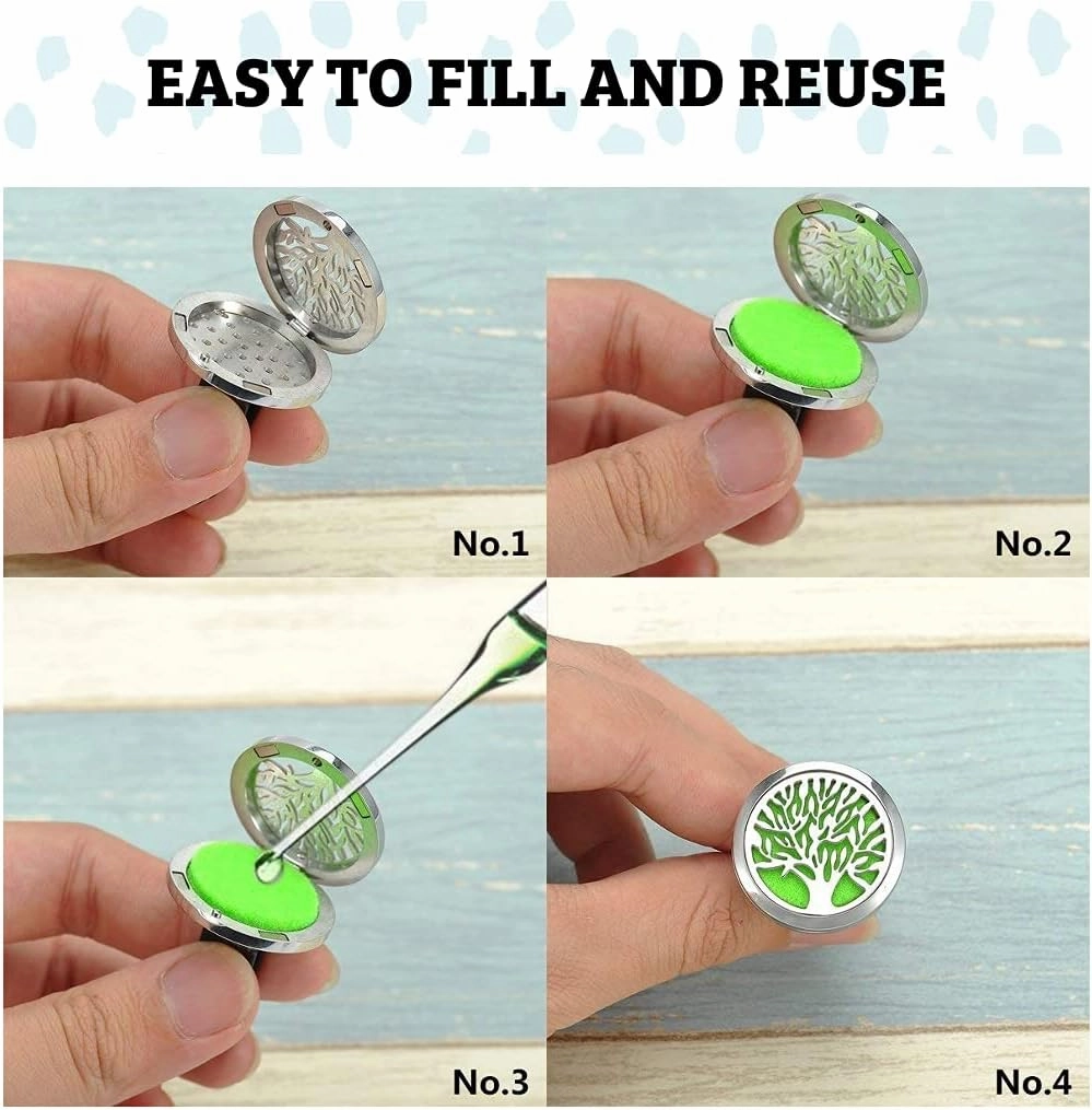 Wild Essentials Tree of Life Essential Oil Car Vent Diffuser, Stainless Steel Locket Pendant with 8 Color Refill Pads, Customizable Color Changing Air Freshener for Aromatherapy