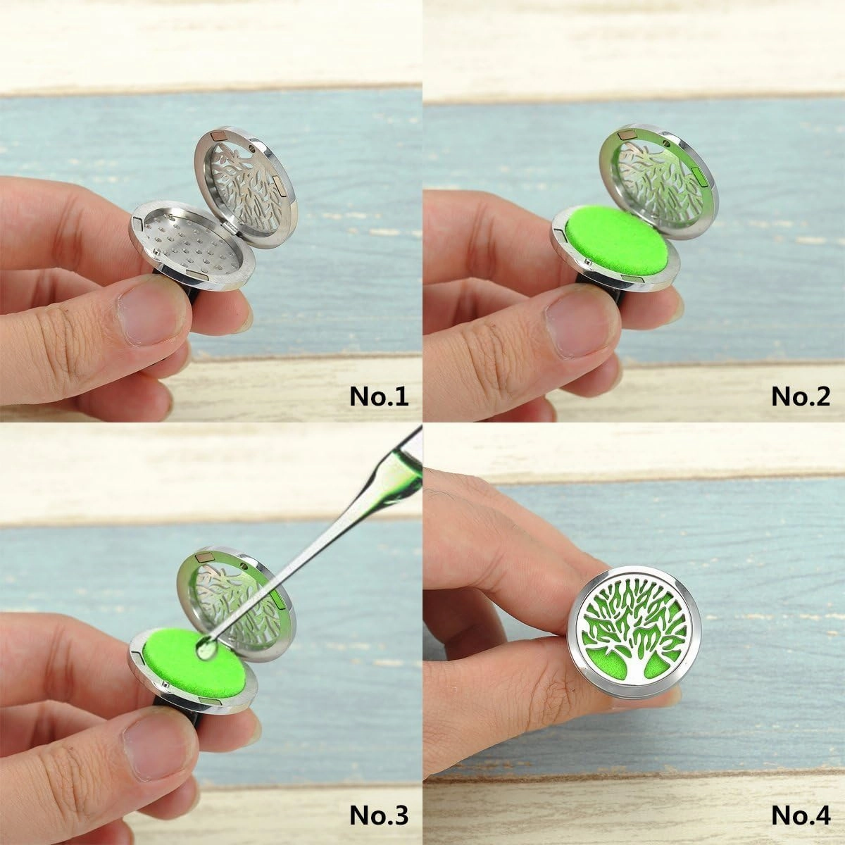 Wild Essentials Tree of Life Essential Oil Car Vent Diffuser, Stainless Steel Locket Pendant with 8 Color Refill Pads, Customizable Color Changing Air Freshener for Aromatherapy