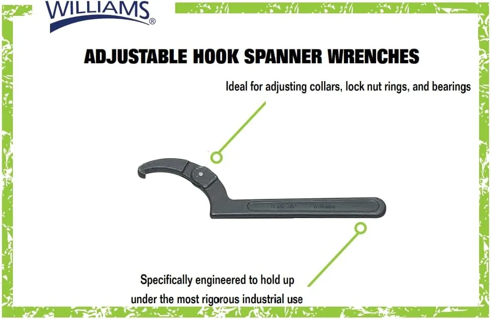 Williams JHW472 Adjustable Hook Spanner Wrench with Span Diameter of 1-1/4 to 3-Inch, Ideal for Adjusting Collars, Lock Nut Rings, and Bearings