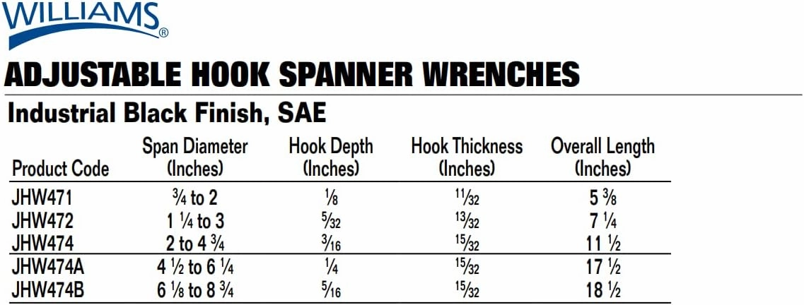 Williams JHW474A Adjustable Hook Spanner Wrench with Span Diameter of 4-1/2 to 6-1/4-Inch, Ideal for Adjusting Collars, Lock Nut Rings, and Bearings, Black