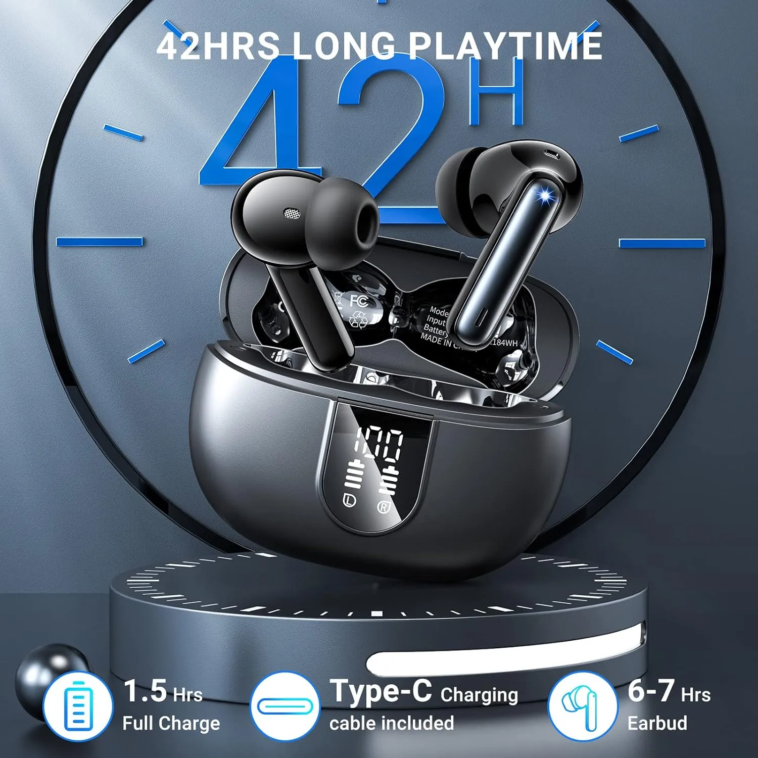 Wireless Earbuds, 2024 Wireless Headphones HiFi Stereo Earphones with 4 ENC Noise Canceling Mic, 42Hs Playtime In Ear Earbud, Bluetooth 5.3 Sport Earphones with LED Power Display for Android iOS Black