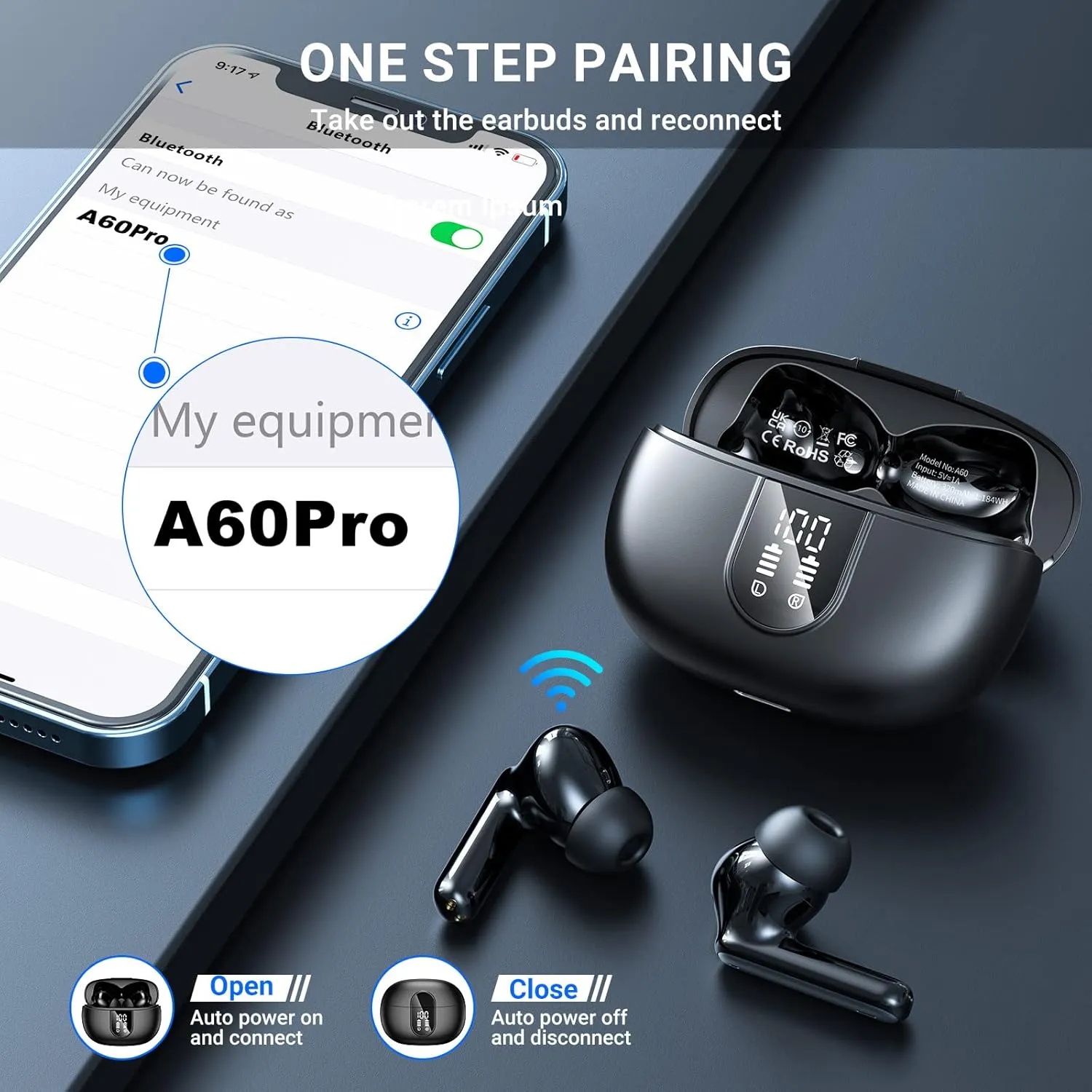 Wireless Earbuds, 2024 Wireless Headphones HiFi Stereo Earphones with 4 ENC Noise Canceling Mic, 42Hs Playtime In Ear Earbud, Bluetooth 5.3 Sport Earphones with LED Power Display for Android iOS Black