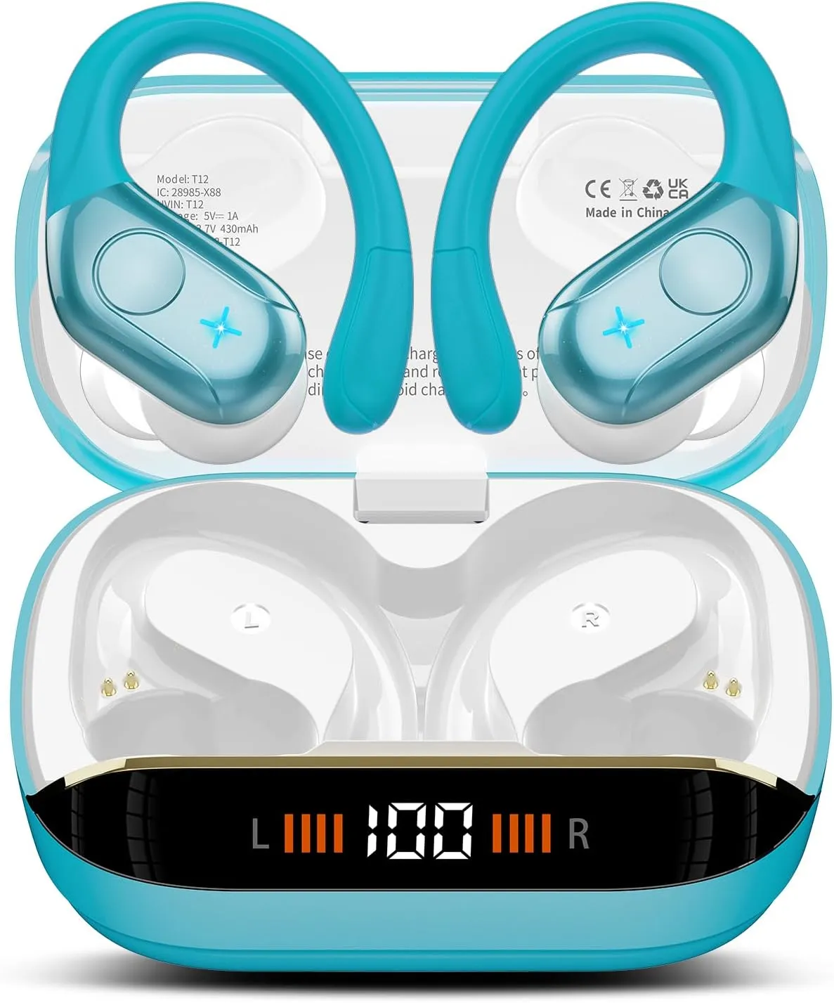 Wireless Earbuds Bluetooth 5.4 Headphones Sports, 75H Stereo Deep Bass Over Ear Buds with Earhooks, Bluetooth Earbuds with 4 ENC Mic, LED Display, IP7 Waterproof Earphone for Running, Blue
