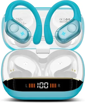 Wireless Earbuds Bluetooth 5.4 Headphones Sports, 75H Stereo Deep Bass Over Ear Buds with Earhooks, Bluetooth Earbuds with 4 ENC Mic, LED Display, IP7 Waterproof Earphone for Running, Blue