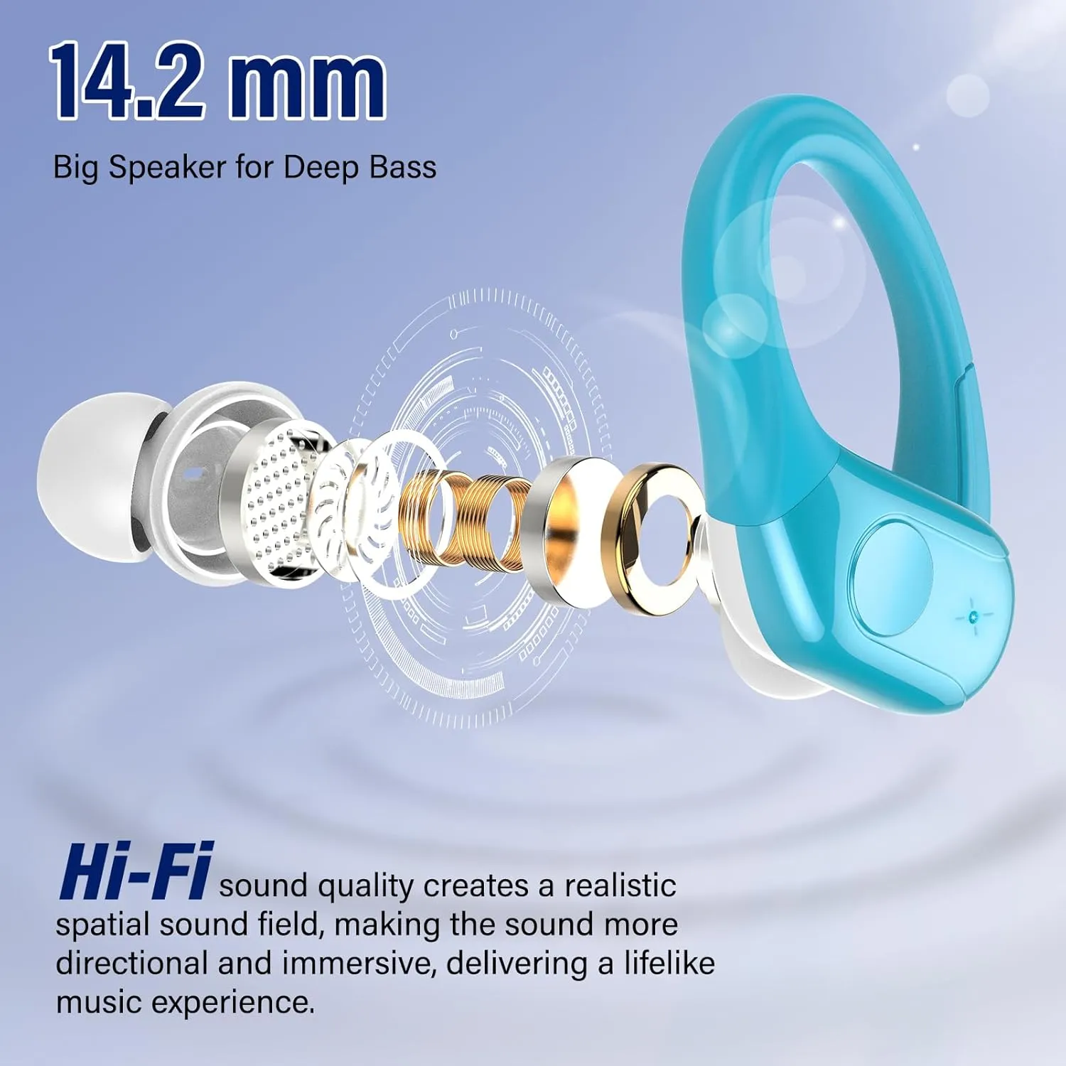 Wireless Earbuds Bluetooth 5.4 Headphones Sports, 75H Stereo Deep Bass Over Ear Buds with Earhooks, Bluetooth Earbuds with 4 ENC Mic, LED Display, IP7 Waterproof Earphone for Running, Blue
