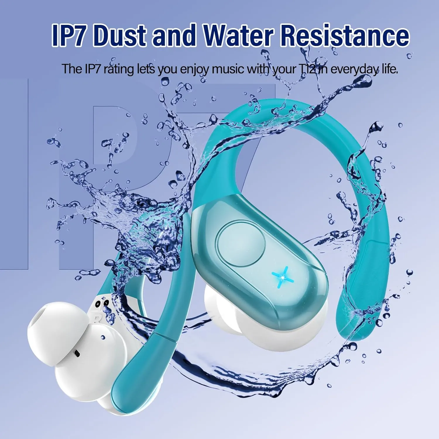 Wireless Earbuds Bluetooth 5.4 Headphones Sports, 75H Stereo Deep Bass Over Ear Buds with Earhooks, Bluetooth Earbuds with 4 ENC Mic, LED Display, IP7 Waterproof Earphone for Running, Blue