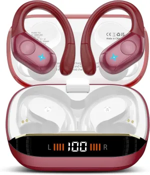 Wireless Earbuds Bluetooth 5.4 Headphones Sports, 75H Stereo Deep Bass Over Ear Buds with Earhooks, Bluetooth Earbuds with 4 ENC Mic, LED Display, IP7 Waterproof Earphone for Running, Red