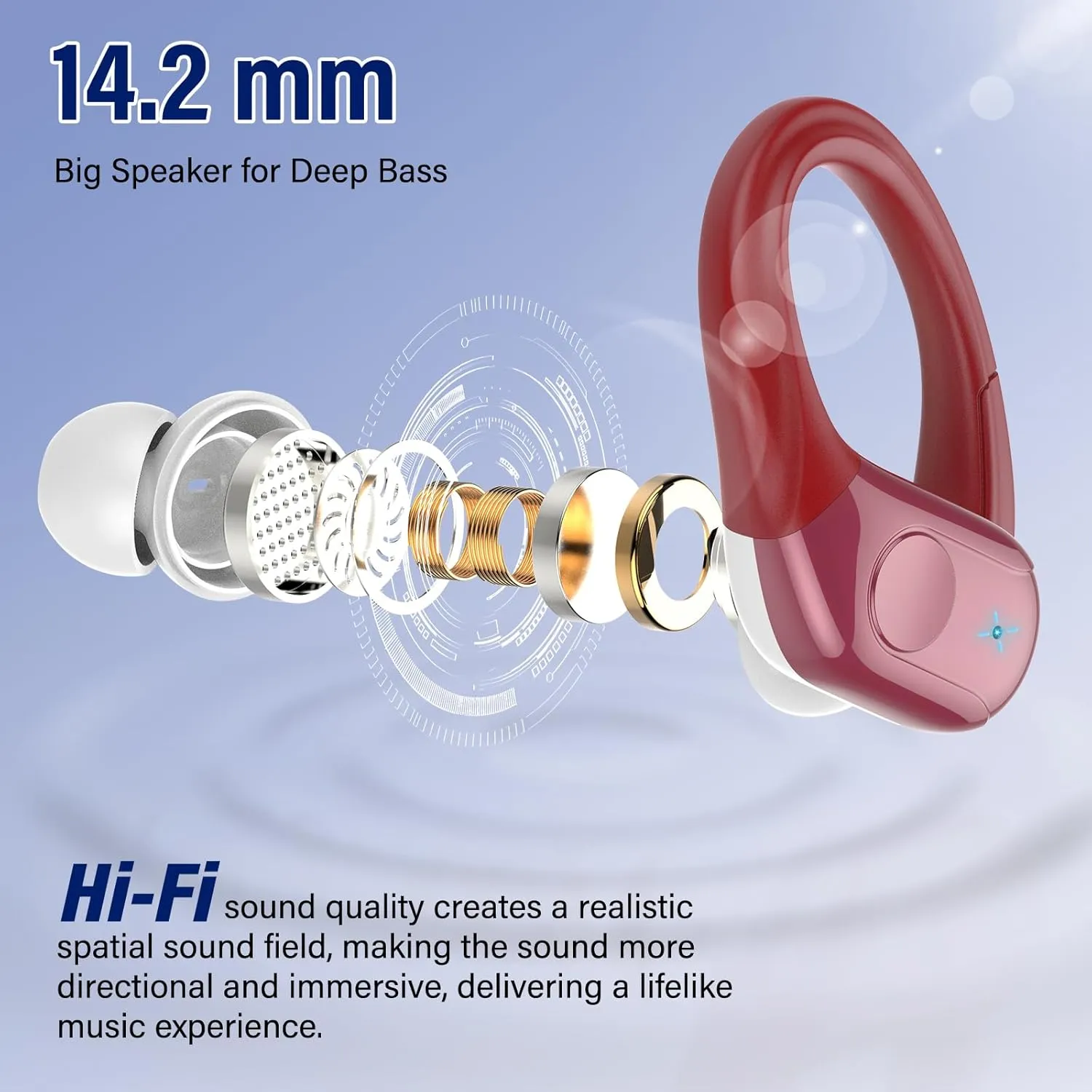 Wireless Earbuds Bluetooth 5.4 Headphones Sports, 75H Stereo Deep Bass Over Ear Buds with Earhooks, Bluetooth Earbuds with 4 ENC Mic, LED Display, IP7 Waterproof Earphone for Running, Red