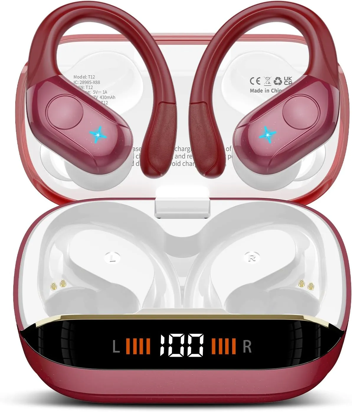 Wireless Earbuds Bluetooth 5.4 Headphones Sports, 75H Stereo Deep Bass Over Ear Buds with Earhooks, Bluetooth Earbuds with 4 ENC Mic, LED Display, IP7 Waterproof Earphone for Running, Red