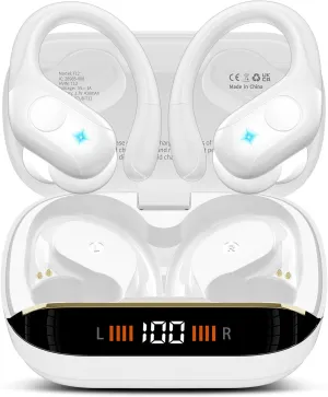 Wireless Earbuds Bluetooth 5.4 Headphones Sports, 75H Stereo Deep Bass Over Ear Buds with Earhooks, Bluetooth Earbuds with 4 ENC Mic, LED Display, IP7 Waterproof Earphone for Running, White