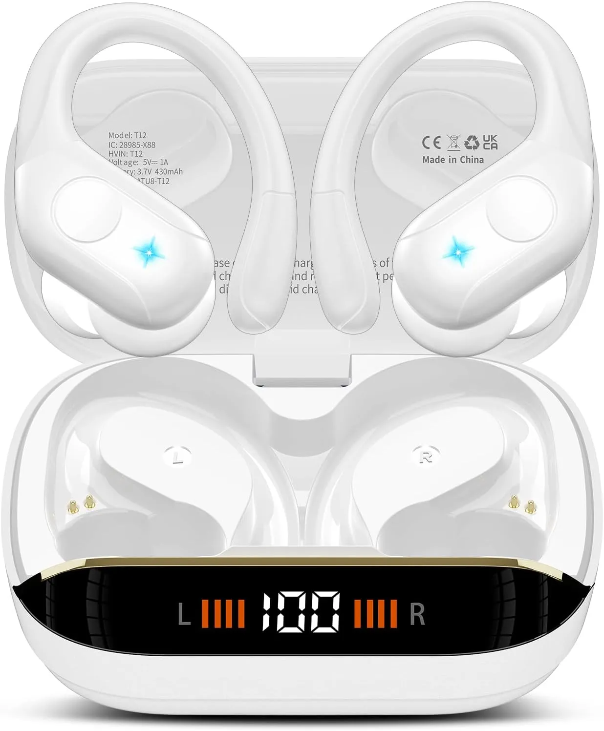 Wireless Earbuds Bluetooth 5.4 Headphones Sports, 75H Stereo Deep Bass Over Ear Buds with Earhooks, Bluetooth Earbuds with 4 ENC Mic, LED Display, IP7 Waterproof Earphone for Running, White