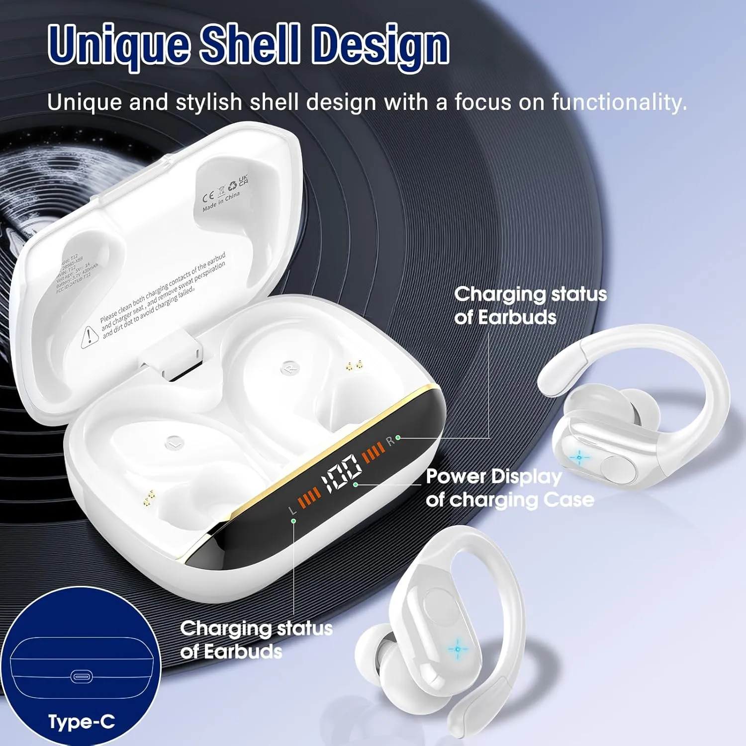 Wireless Earbuds Bluetooth 5.4 Headphones Sports, 75H Stereo Deep Bass Over Ear Buds with Earhooks, Bluetooth Earbuds with 4 ENC Mic, LED Display, IP7 Waterproof Earphone for Running, White