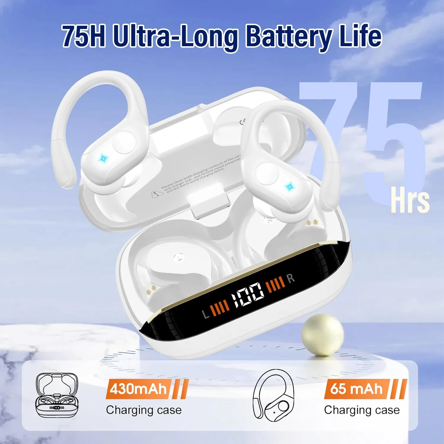 Wireless Earbuds Bluetooth 5.4 Headphones Sports, 75H Stereo Deep Bass Over Ear Buds with Earhooks, Bluetooth Earbuds with 4 ENC Mic, LED Display, IP7 Waterproof Earphone for Running, White
