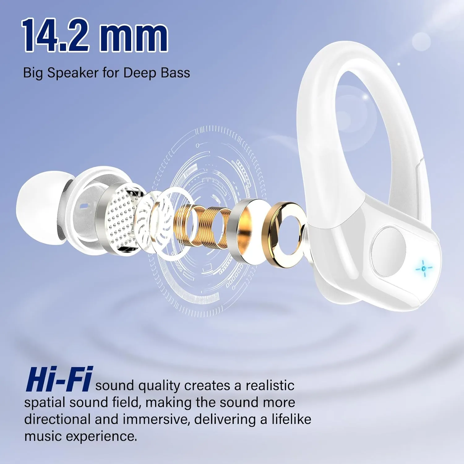 Wireless Earbuds Bluetooth 5.4 Headphones Sports, 75H Stereo Deep Bass Over Ear Buds with Earhooks, Bluetooth Earbuds with 4 ENC Mic, LED Display, IP7 Waterproof Earphone for Running, White