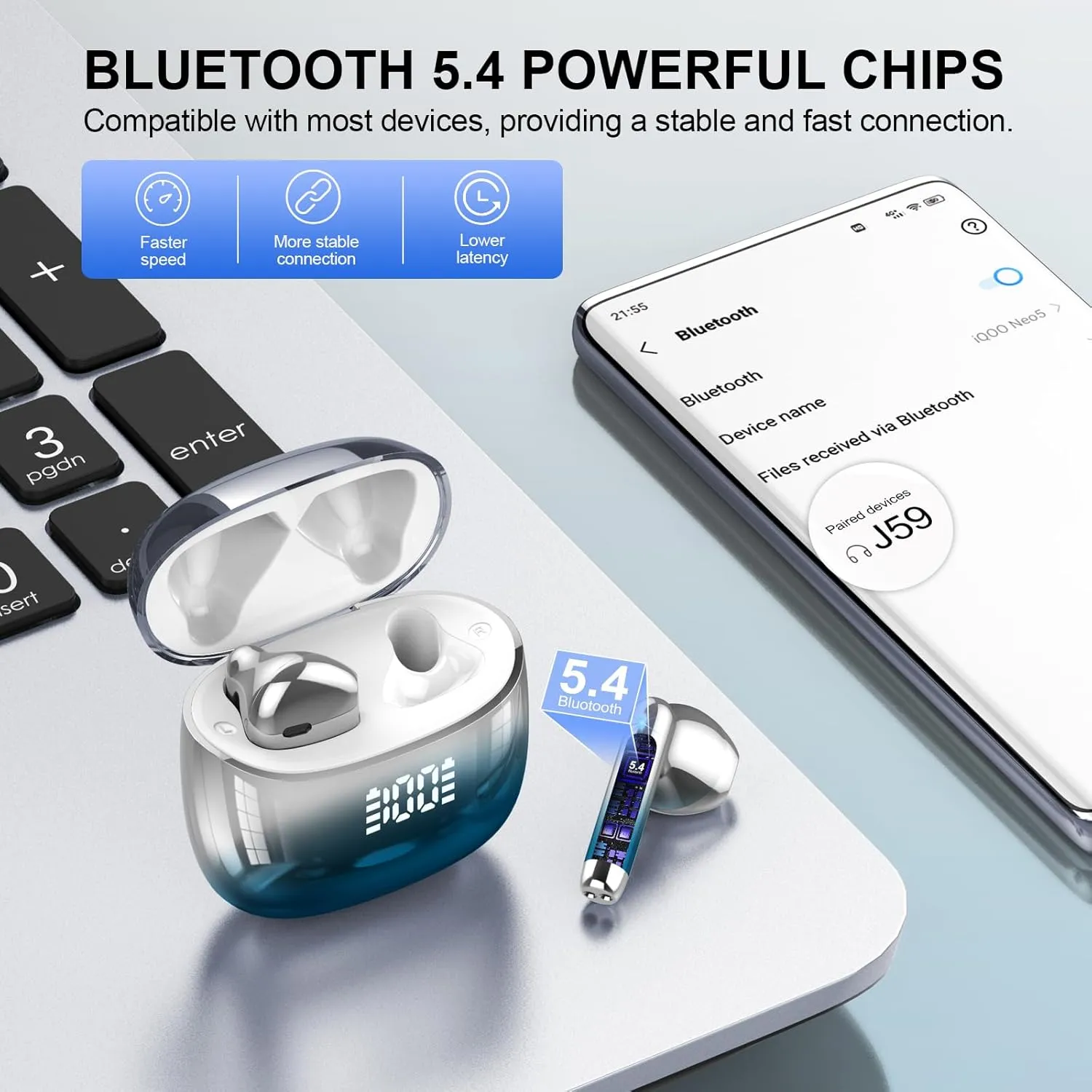 Wireless Earbuds, Bluetooth Headphones 48H Playtime Ear Buds with LED Power Display, IPX7 Waterproof Bluetooth 5.4 Earphones in-Ear Earbuds with 4 Mic for Android iOS Cell Phone Laptop, Light blue