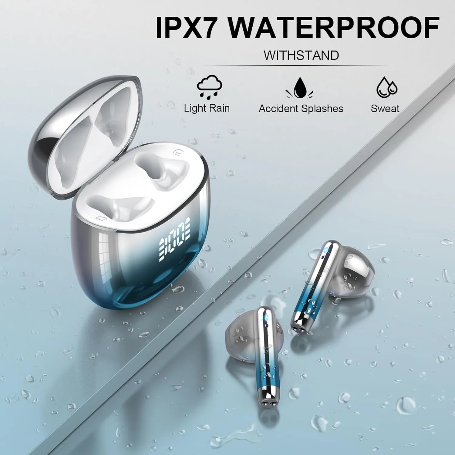 Wireless Earbuds, Bluetooth Headphones 48H Playtime Ear Buds with LED Power Display, IPX7 Waterproof Bluetooth 5.4 Earphones in-Ear Earbuds with 4 Mic for Android iOS Cell Phone Laptop, Light blue