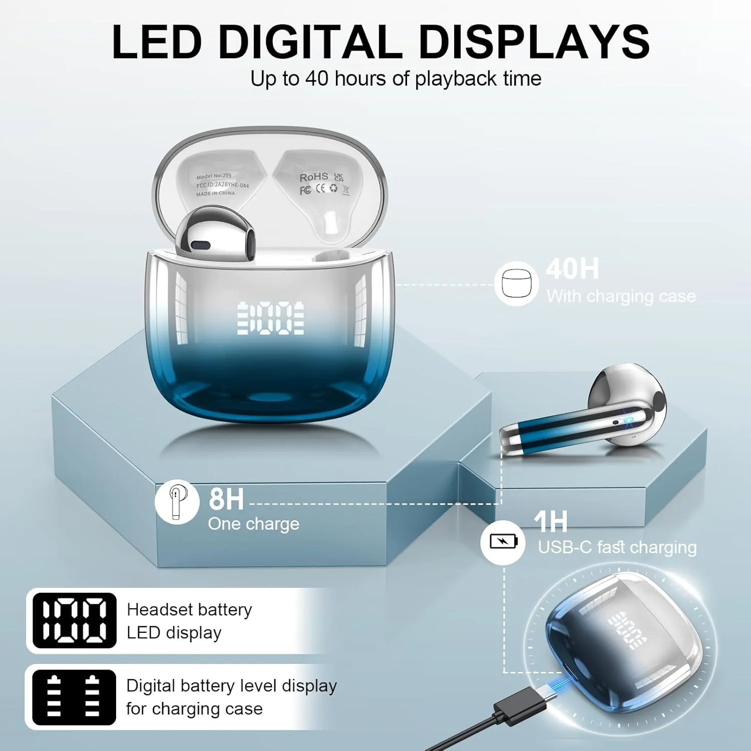Wireless Earbuds, Bluetooth Headphones 48H Playtime Ear Buds with LED Power Display, IPX7 Waterproof Bluetooth 5.4 Earphones in-Ear Earbuds with 4 Mic for Android iOS Cell Phone Laptop, Light blue