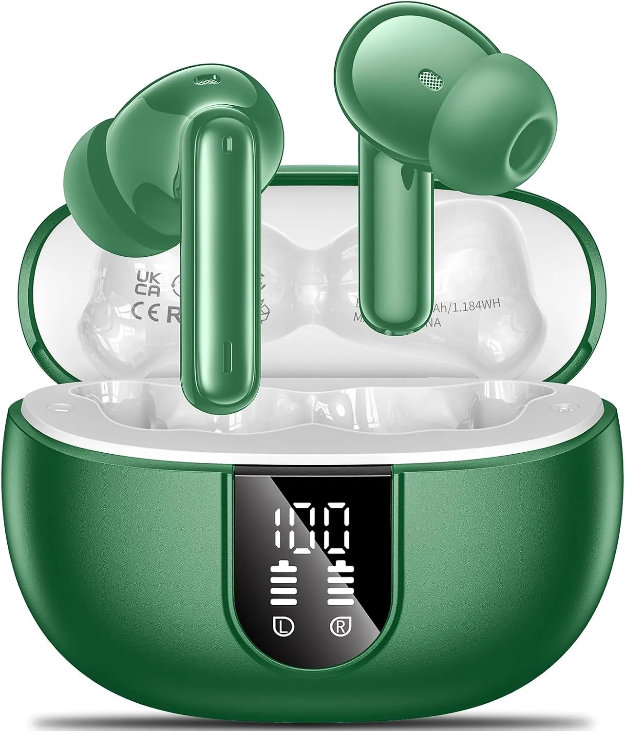 Wireless Earbuds,2024 Wireless Headphones HiFi Stereo Earphones with 4 ENC Noise Canceling Mic, 42Hs Playtime In Ear Earbud,Bluetooth 5.3 Sport Earphones with LED Power Display for Android iOS Green