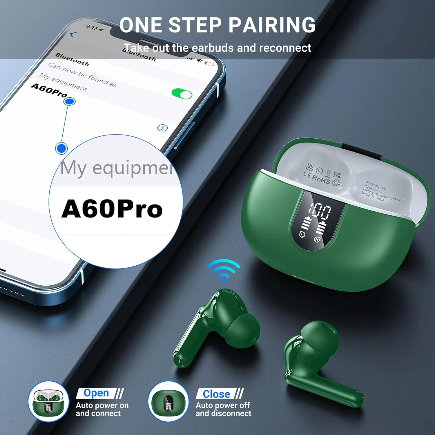 Wireless Earbuds,2024 Wireless Headphones HiFi Stereo Earphones with 4 ENC Noise Canceling Mic, 42Hs Playtime In Ear Earbud,Bluetooth 5.3 Sport Earphones with LED Power Display for Android iOS Green