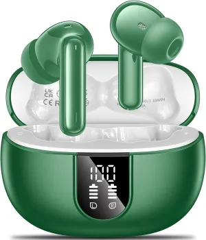 Wireless Earbuds,2024 Wireless Headphones HiFi Stereo Earphones with 4 ENC Noise Canceling Mic, 42Hs Playtime In Ear Earbud,Bluetooth 5.3 Sport Earphones with LED Power Display for Android iOS Green