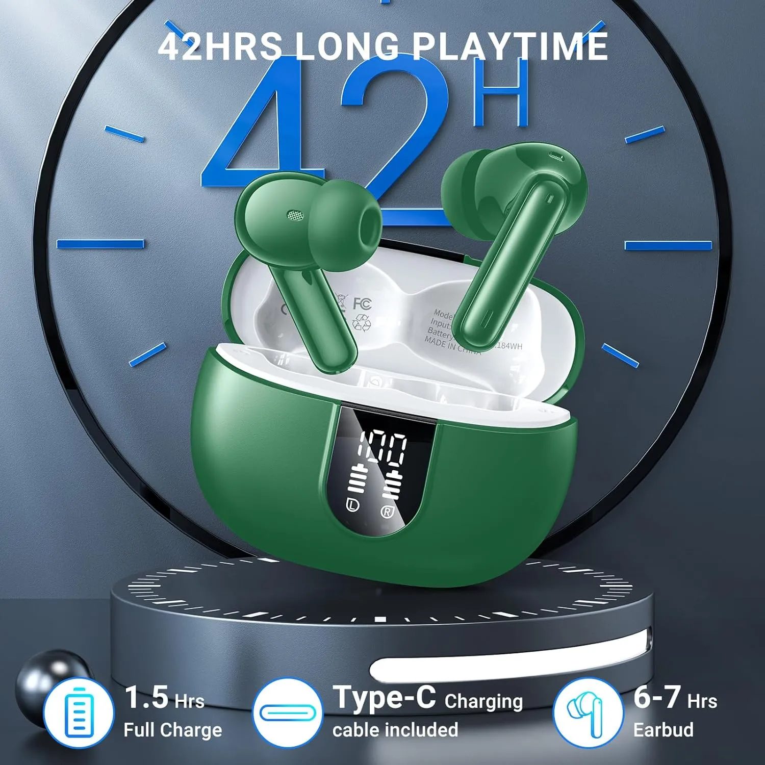 Wireless Earbuds,2024 Wireless Headphones HiFi Stereo Earphones with 4 ENC Noise Canceling Mic, 42Hs Playtime In Ear Earbud,Bluetooth 5.3 Sport Earphones with LED Power Display for Android iOS Green