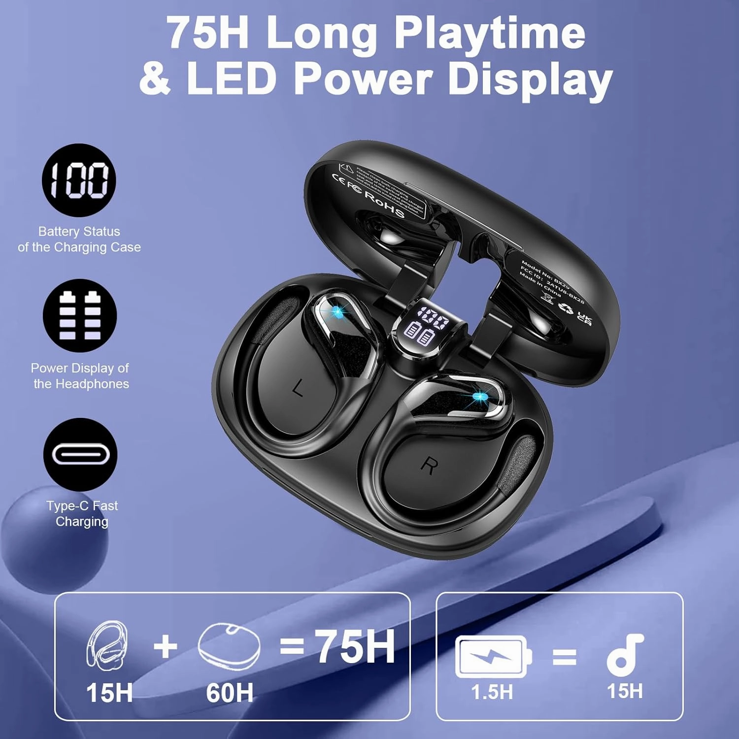 Wireless Earbud Bluetooth 5.4 Headphones 75Hrs Playtime, 2025 Bluetooth Earbuds Deep Bass Noise Cancelling Mic, Over Ear Bud with Sport Earhooks, IPX7 Waterproof Wireless Earphones for Workout/Running