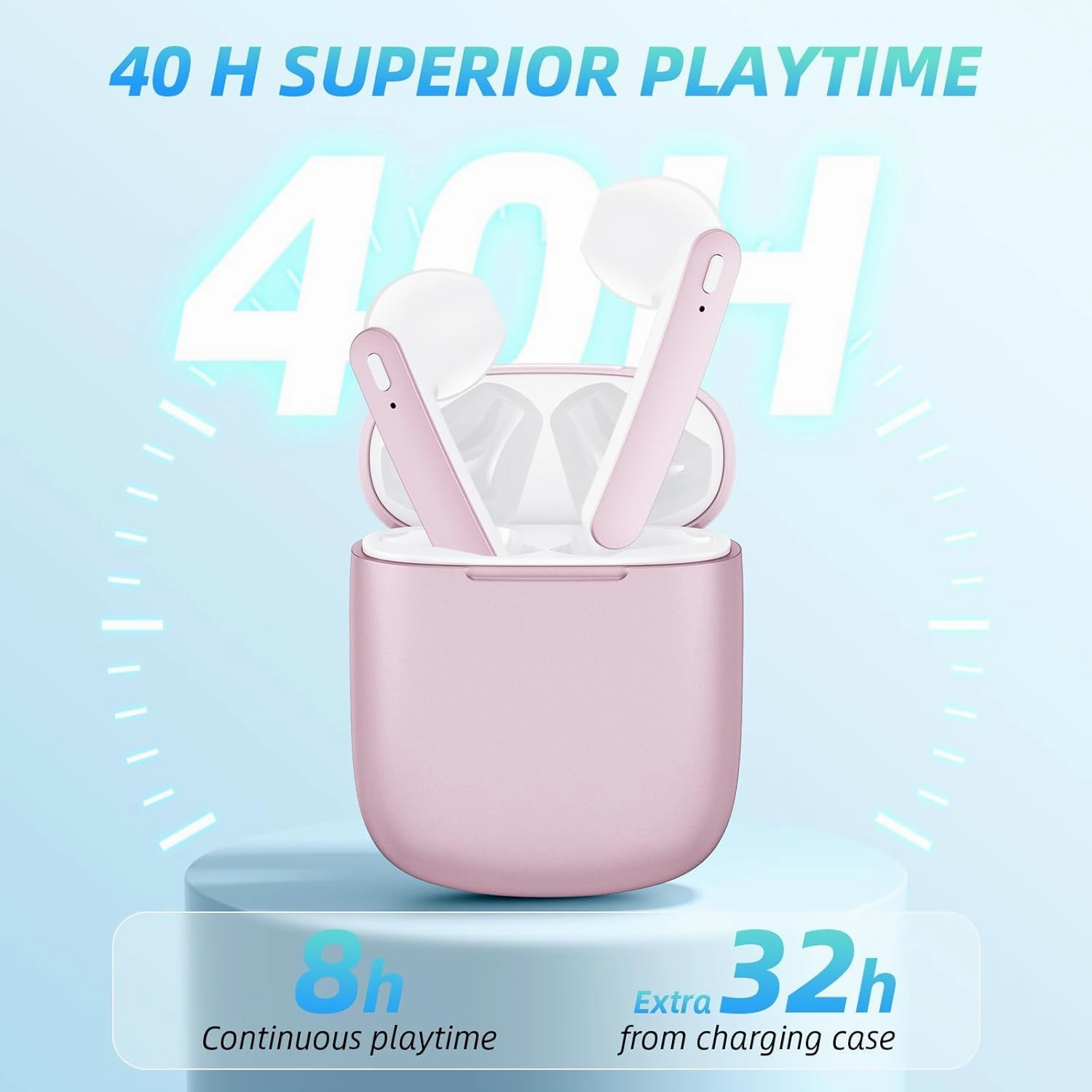 Wireless Earbuds 40H Playtime 8H Continuous Playtime Bluetooth Ear Buds, IPX6 Waterproof Stereo Sound Bluetooth Wireless Headphones with Microphone and Charging Case for iOS Android Sports Pink