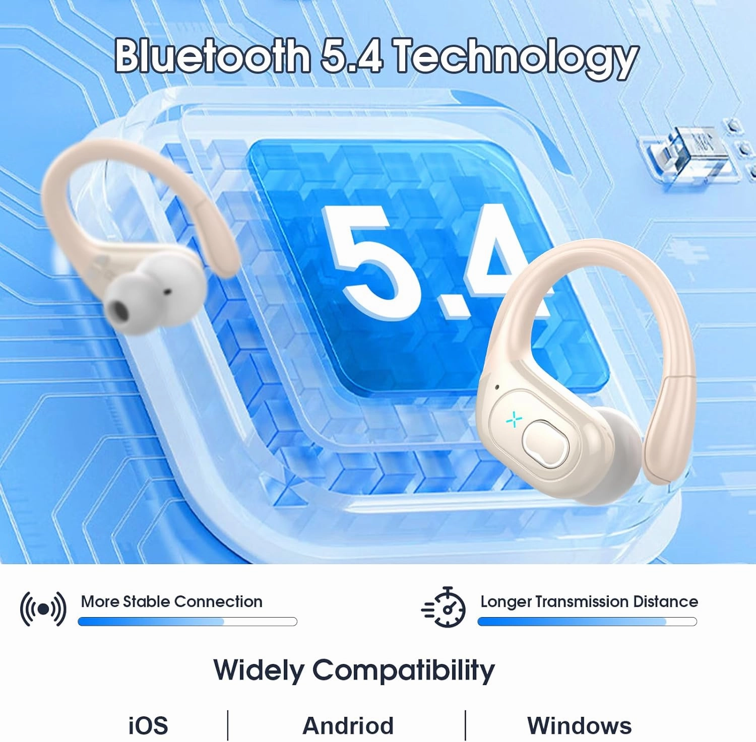 Wireless Earbuds 75hrs Bluetooth 5.4 Headphone Sport, 2025 Bluetooth Earbuds Stereo Deep Bass Over Ear Bud with Earhooks, ENC Noise Cancelling Mic, IPX7 Waterproof Earphone, Camel