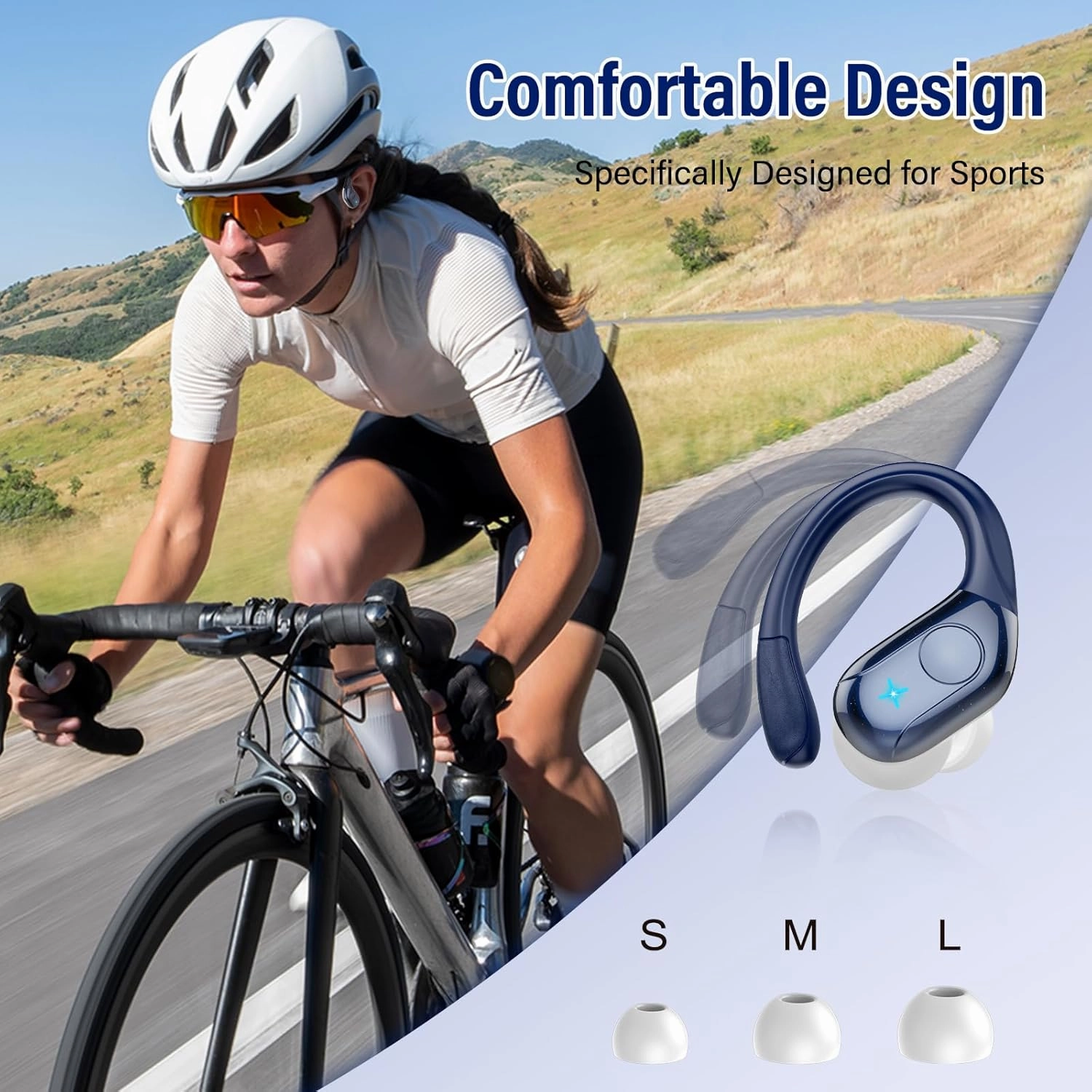 Wireless Earbuds Bluetooth 5.4 Headphones 75H Playtime Stereo Deep Bass Sports Ear Buds with Earhooks, LED Display Bluetooth Earbuds with 4 ENC Mic, IP7 Waterproof Earphone for Running, Dark Blue