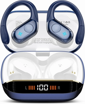 Wireless Earbuds Bluetooth 5.4 Headphones 75H Playtime Stereo Deep Bass Sports Ear Buds with Earhooks, LED Display Bluetooth Earbuds with 4 ENC Mic, IP7 Waterproof Earphone for Running, Dark Blue