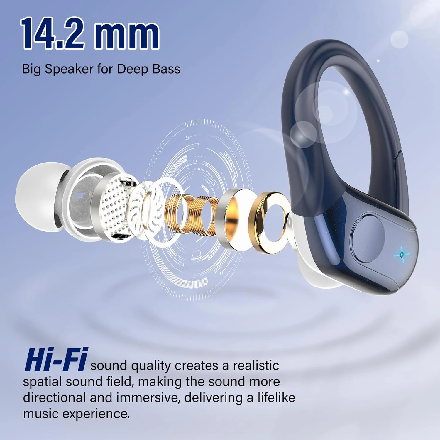 Wireless Earbuds Bluetooth 5.4 Headphones 75H Playtime Stereo Deep Bass Sports Ear Buds with Earhooks, LED Display Bluetooth Earbuds with 4 ENC Mic, IP7 Waterproof Earphone for Running, Dark Blue