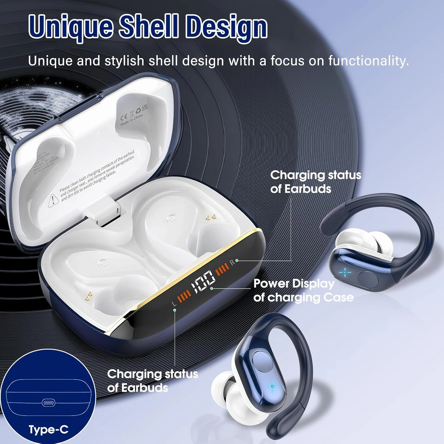 Wireless Earbuds Bluetooth 5.4 Headphones 75H Playtime Stereo Deep Bass Sports Ear Buds with Earhooks, LED Display Bluetooth Earbuds with 4 ENC Mic, IP7 Waterproof Earphone for Running, Dark Blue